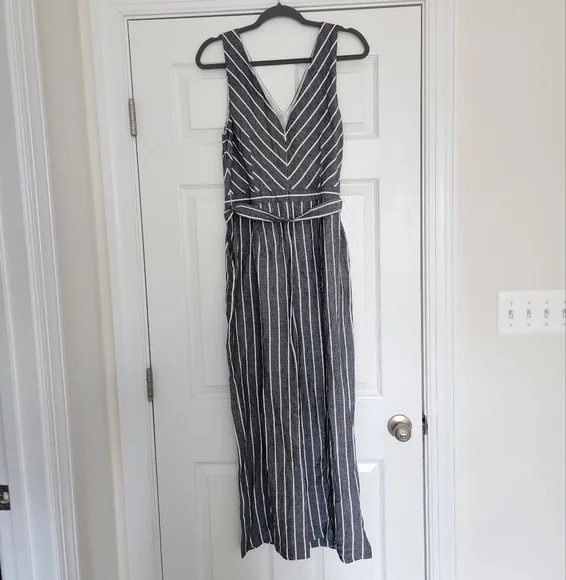 Loft Jumpsuit Belted Striped Wide Leg Jumpsuit Grey White 8 - Picture 7 of 9